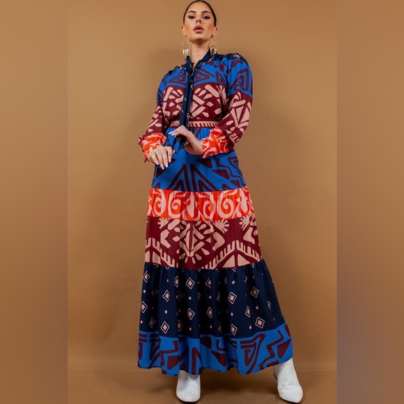 NWOT Bow Tie Blouse and Tiered Maxi Skirt Set in Multi Colors - Picture 2 of 8